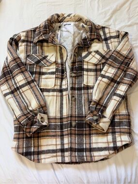 Garage Quilted Plaid Shacket in Cream, Brown, and Tan
